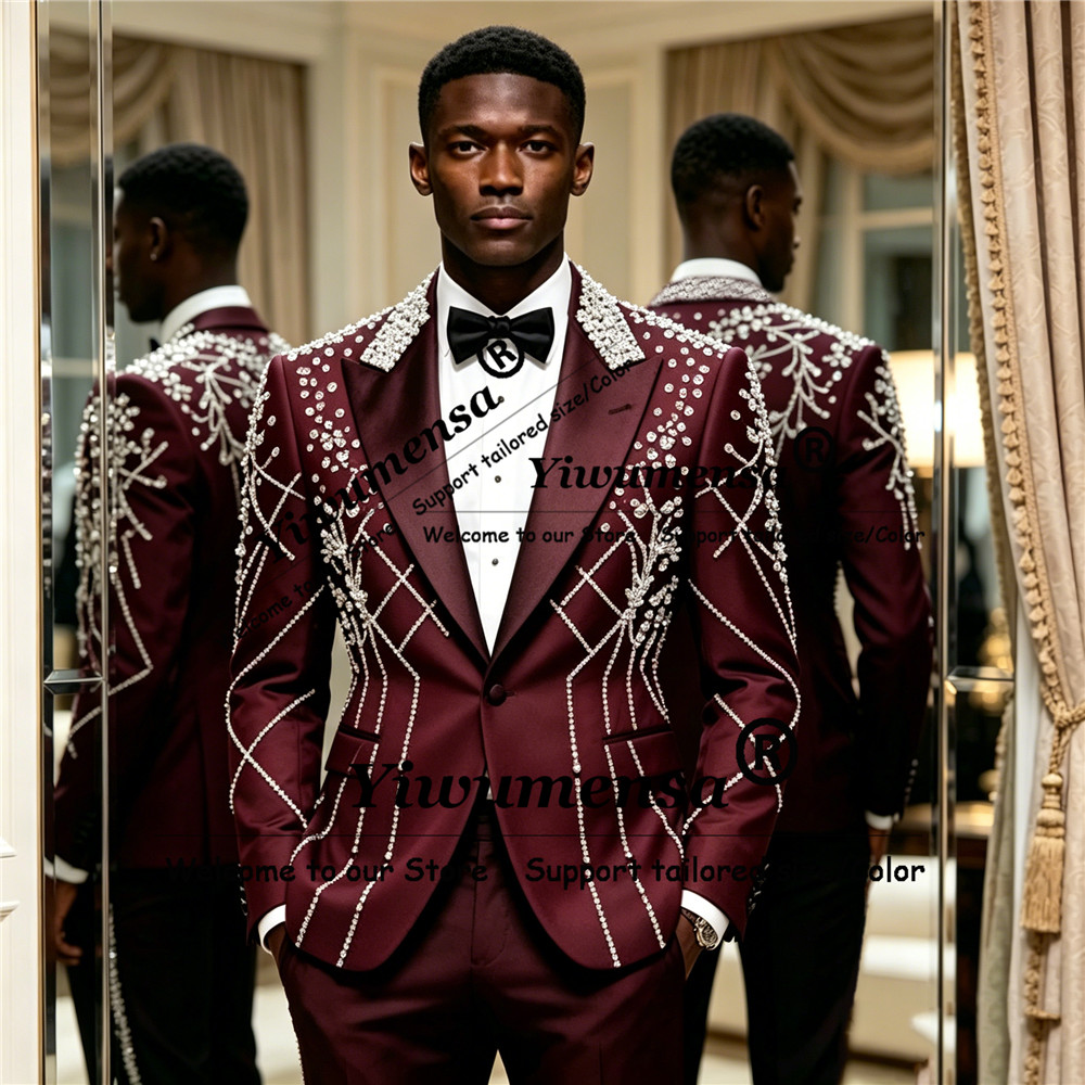 Men'S Formal Wear Attire - Male Fashion Diamond Beaded Suits For