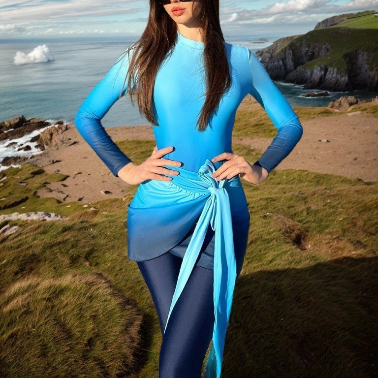 Slim Fit Suit Set - Blue Long Sleeve Swimsuit High Neck