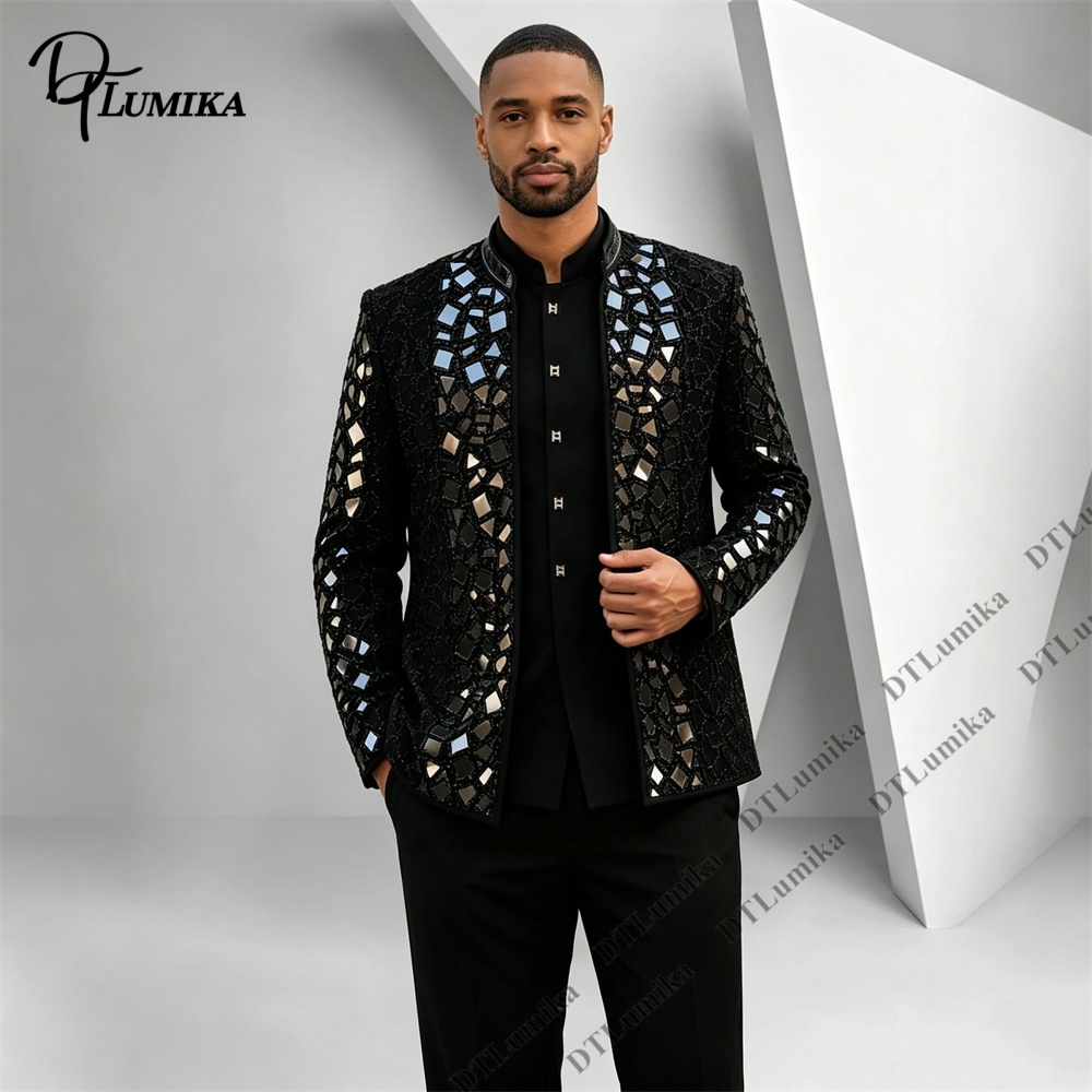 Men Black Mandarin Collar Suit - огляд і ціна Men Formal Wear Office