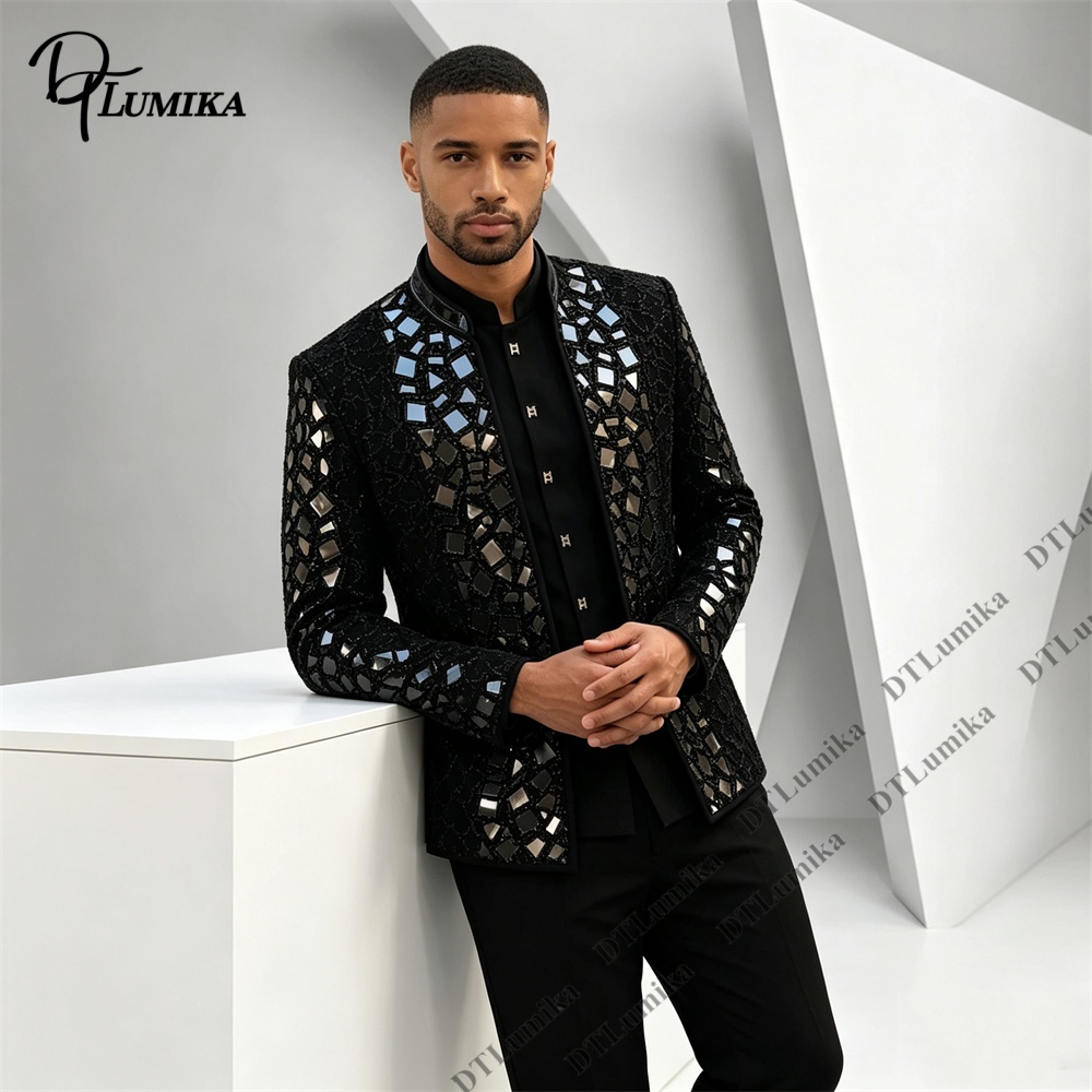 Men Black Mandarin Collar Suit - огляд і ціна Men Formal Wear Office