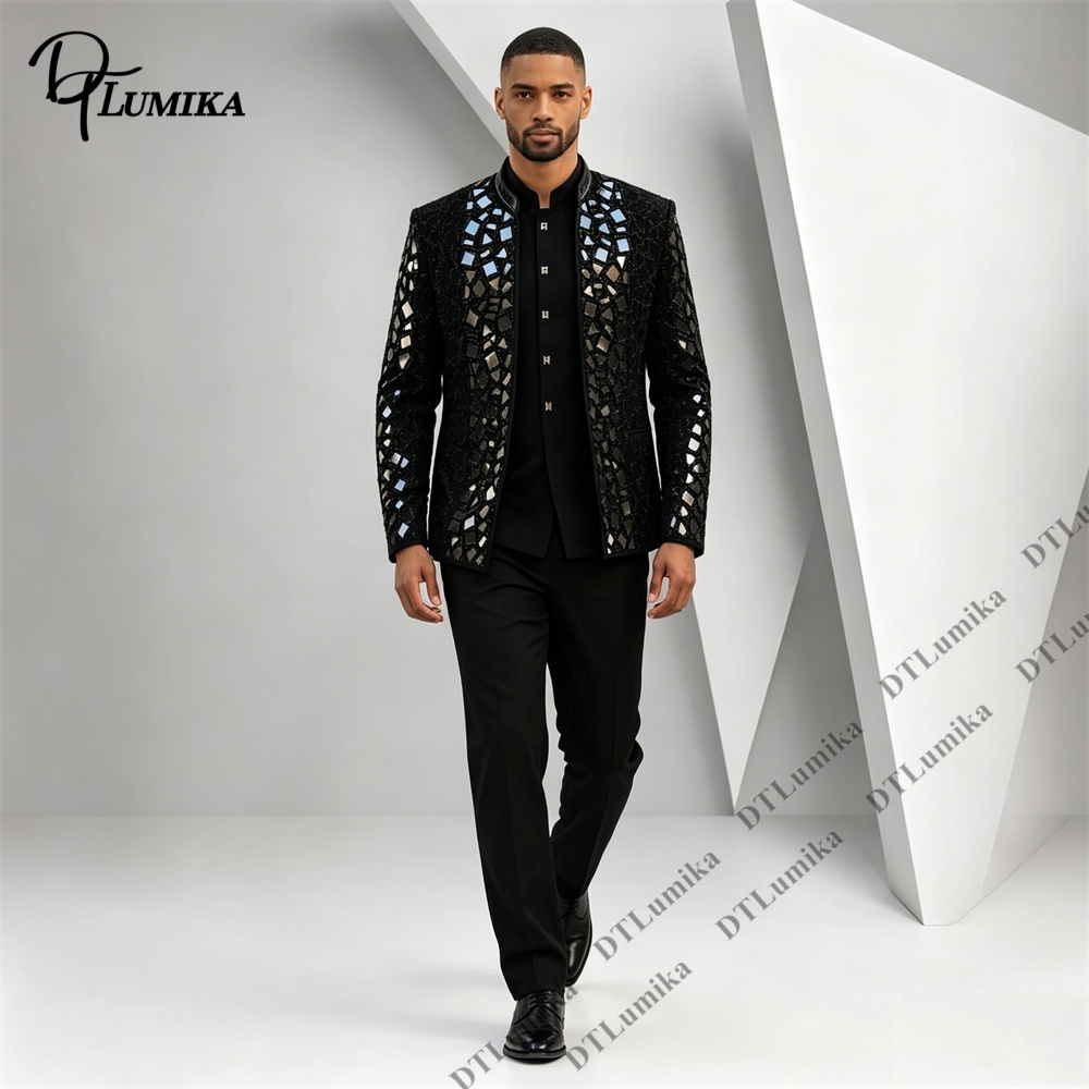 Men Black Mandarin Collar Suit - огляд і ціна Men Formal Wear Office