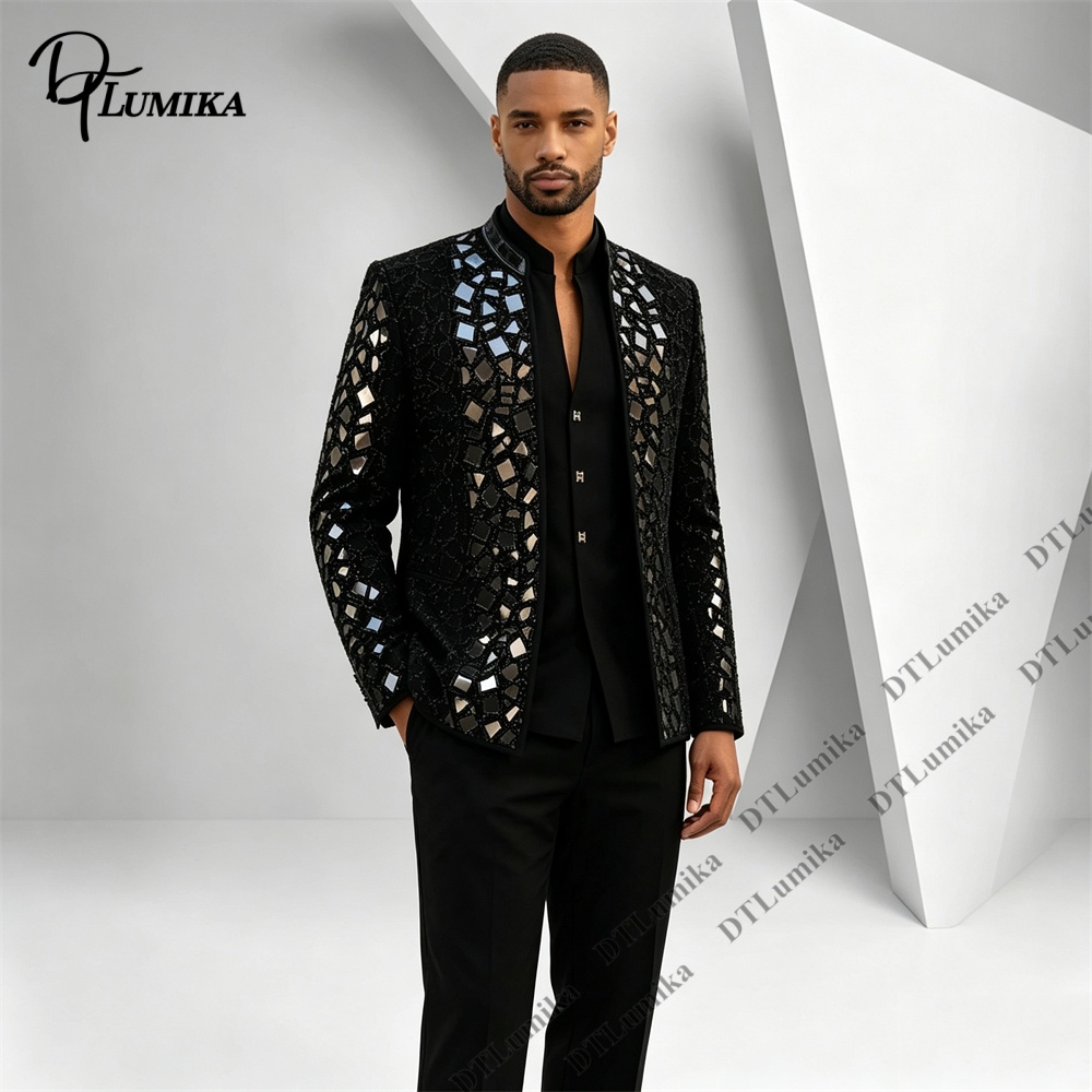 Men Black Mandarin Collar Suit - огляд і ціна Men Formal Wear Office
